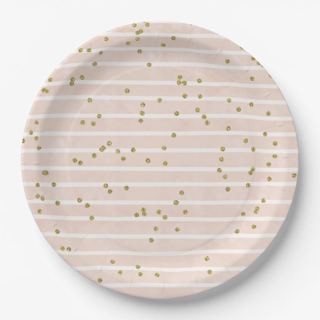 Watercolor Peach Stripe Gold Polka Dot Confetti Paper Plate (Front)