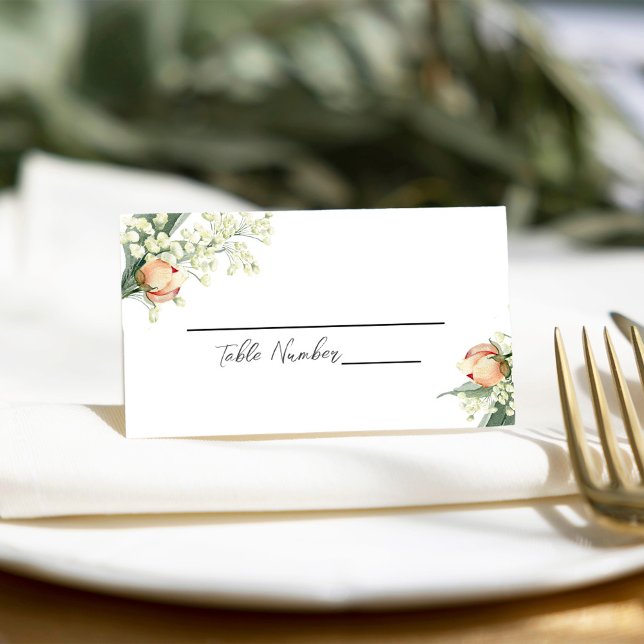 Watercolor Peach Wedding Floral Place Card (Peach floral wedding table place card.)