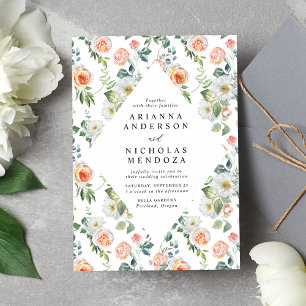 Watercolor Peach & White Floral Frame Wedding Invitation
