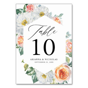 Watercolor Peach & White Floral Frame Wedding Table Number
