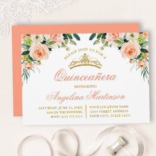 Watercolor Peach White Floral Quinceanera Party Invitation