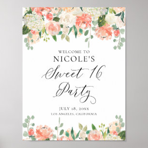 Watercolor Peaches and Cream Floral Sweet Sixteen Poster