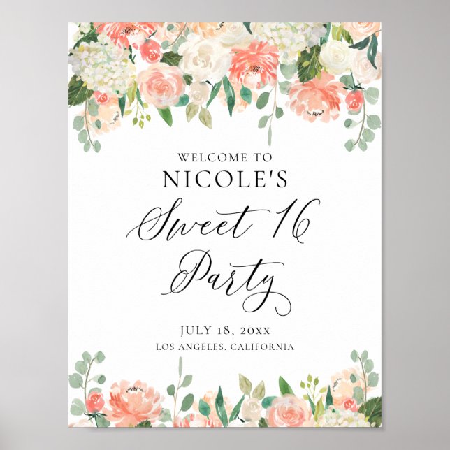 Watercolor Peaches and Cream Floral Sweet Sixteen Poster (Front)