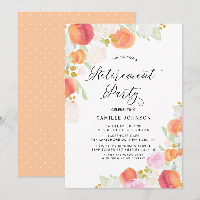 Watercolor Peaches and Flowers Retirement Party Invitation (Front/Back)