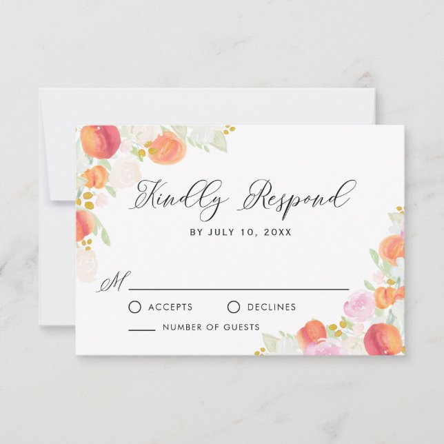 Watercolor Peaches and Flowers Spring RSVP Card (Front)