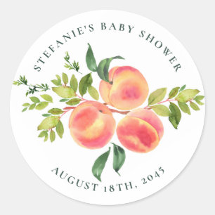 Watercolor Peaches and Greenery Summer Baby Shower Classic Round Sticker