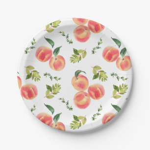 Watercolor Peaches and Greenery Summer Party Paper Plate