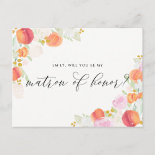 Watercolor Peaches & Flowers Be My Matron of Honou Invitation Postcard