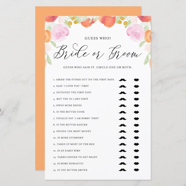Watercolor Peaches Guess Who Bride or Groom Game (Front/Back)