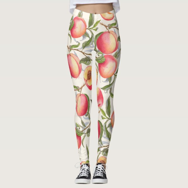 Watercolor peaches, seamless floral pattern. leggings (Front)