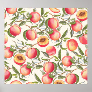 Watercolor peaches, seamless floral pattern. poster