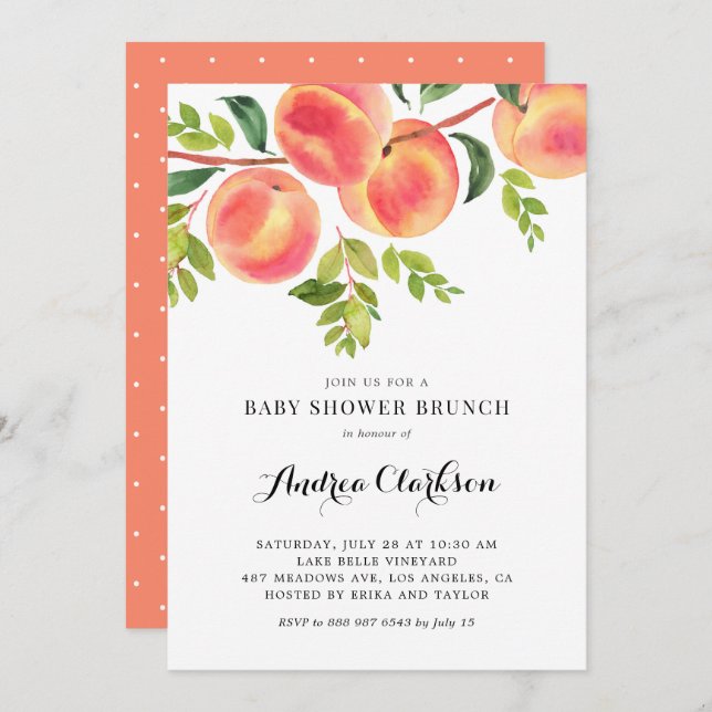 Watercolor Peaches Summer Baby Shower Brunch Invitation (Front/Back)
