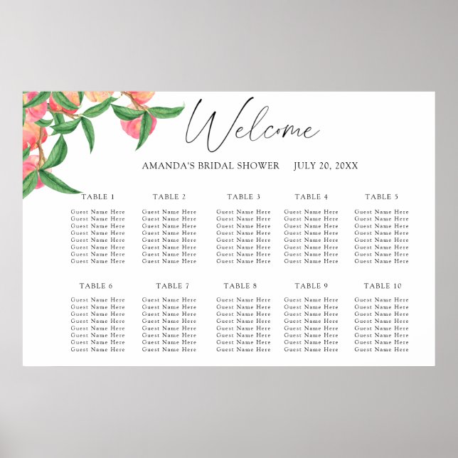 Watercolor peaches wedding seating chart (Front)