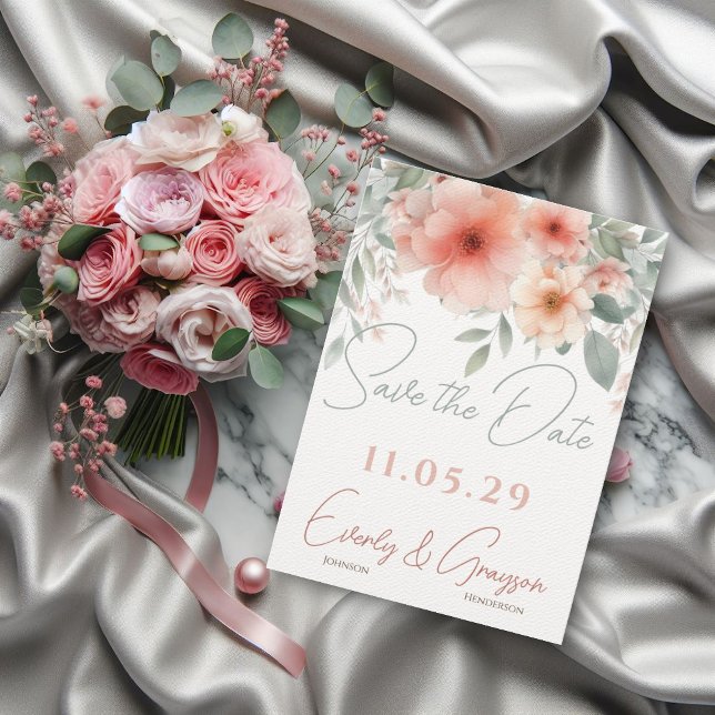 Watercolor Peachy Pink Sage Green Wedding Save The Date (Creator Uploaded)