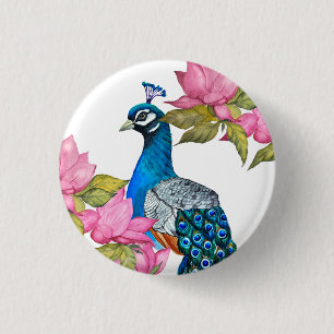 Watercolor peacock 3 cm round badge