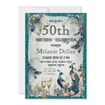 Watercolor Peacock 50th Birthday Invitation