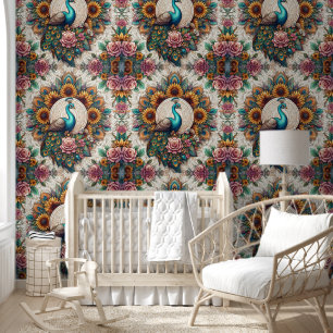 Watercolor Peacock & Boho Blooms Wallpaper