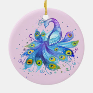 Watercolor peacock ceramic ornament