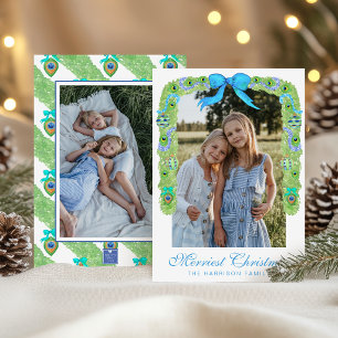 Watercolor Peacock Christmas Garland Swag Photo Holiday Card