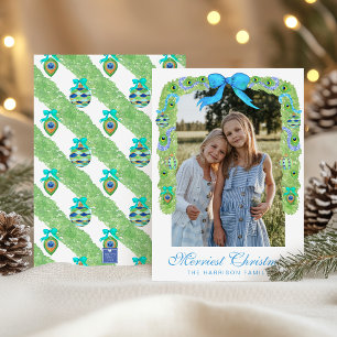 Watercolor Peacock Christmas Garland Swag Photo Holiday Card