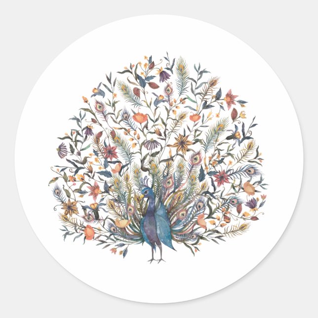 Watercolor  Peacock Classic Round Sticker (Front)