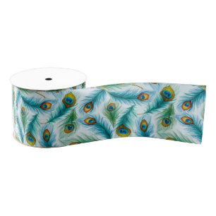 Watercolor Peacock Featers Pattern Grosgrain Ribbon