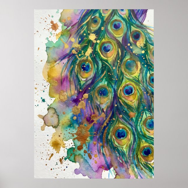 Watercolor Peacock Feather Artwork Poster (Front)