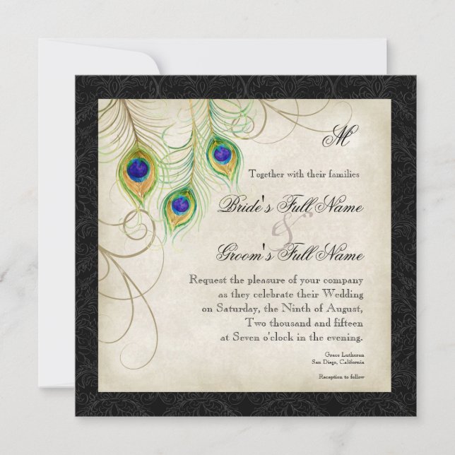 Watercolor Peacock Feather Black Damask Invite (Front)