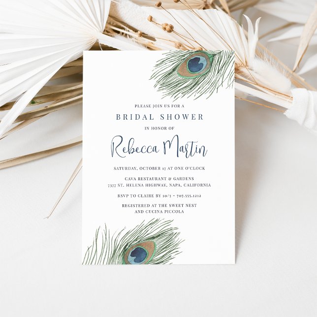 Watercolor Peacock Feather Bridal Shower Invitation (Creator Uploaded)