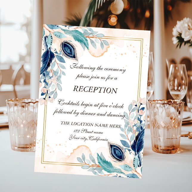 Watercolor Peacock Feather Floral Reception Invitation (Creator Uploaded)