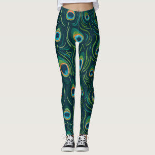 Watercolor Peacock Feather Pattern Leggings