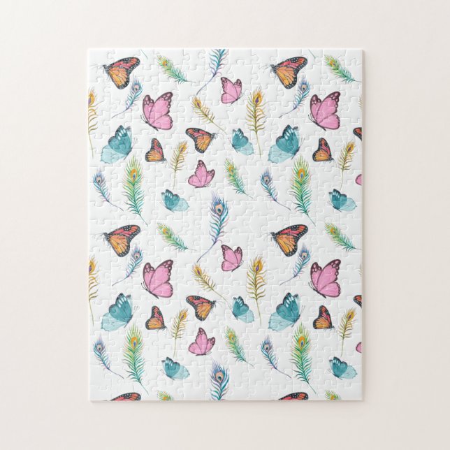 Watercolor Peacock feathers and Butterflies Jigsaw Puzzle (Vertical)