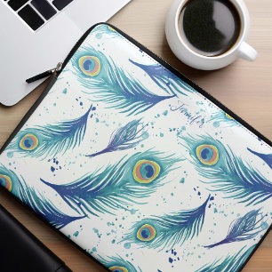 Watercolor Peacock Feathers Pattern Laptop Sleeve