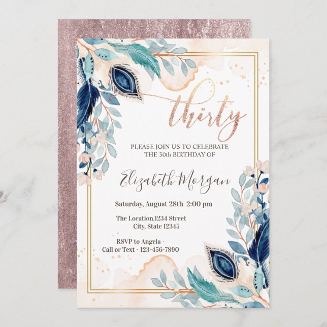 Watercolor Peacock Floral 30th Birthday  Invitation (Front/Back)