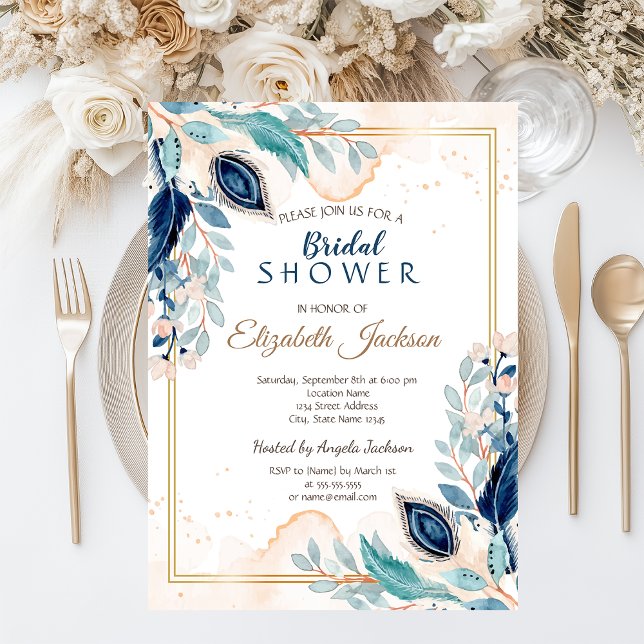 Watercolor Peacock Floral Bridal Shower Invitation (Creator Uploaded)