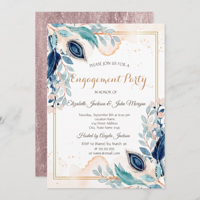 Watercolor Peacock Floral  Engagement Invitation (Front/Back)