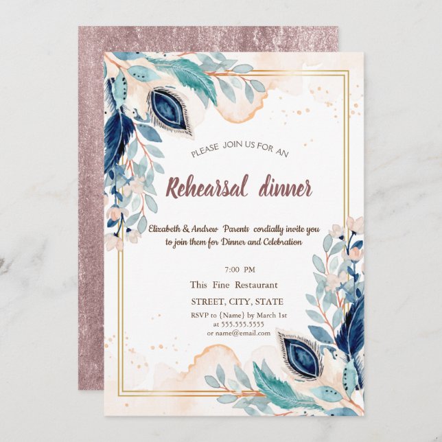 Watercolor Peacock Floral Rehearsal Dinner Invitation (Front/Back)