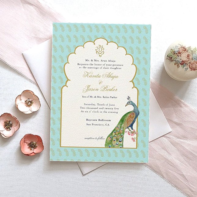 Watercolor Peacock & Ganesh in gold Wedding  Invitation (Creator Uploaded)