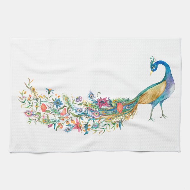 Watercolor Peacock Kitchen Towels (Horizontal)