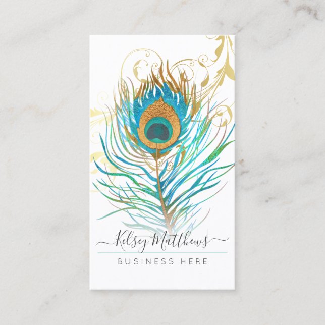 WATERCOLOR PEACOCK PLUME+FILIGREE SWIRLS  BUSINESS CARD (Front)