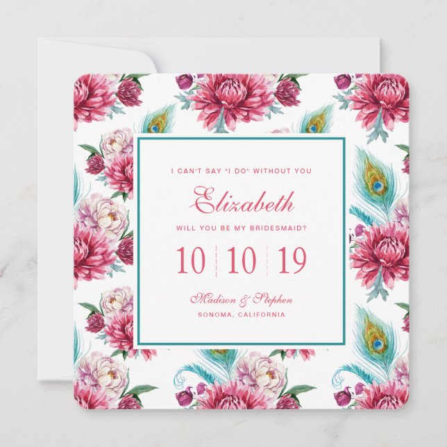 Watercolor Peacock & Red Floral - Bridesmaid Invitation (Front)