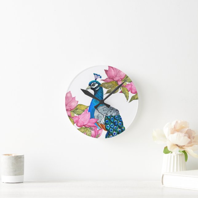 Watercolor peacock round clock (Home)