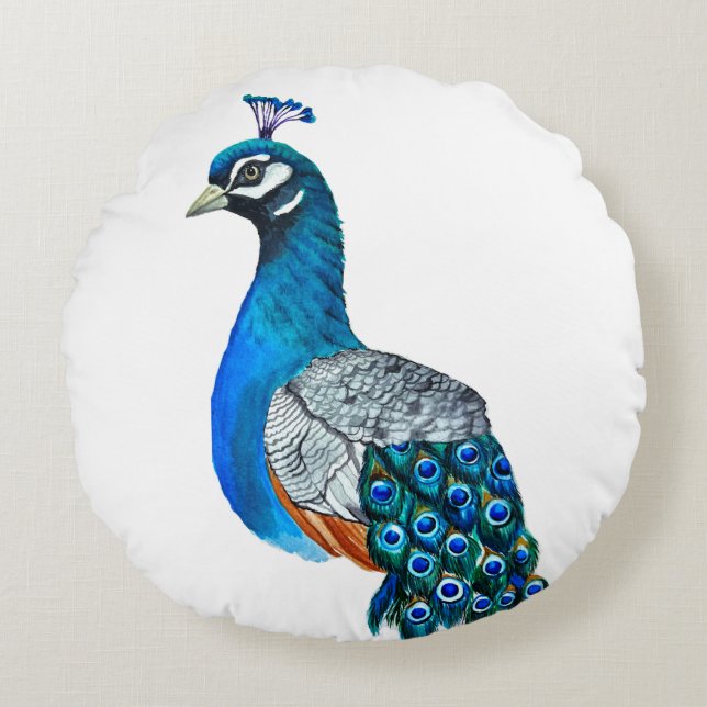 Watercolor peacock round cushion (Front)
