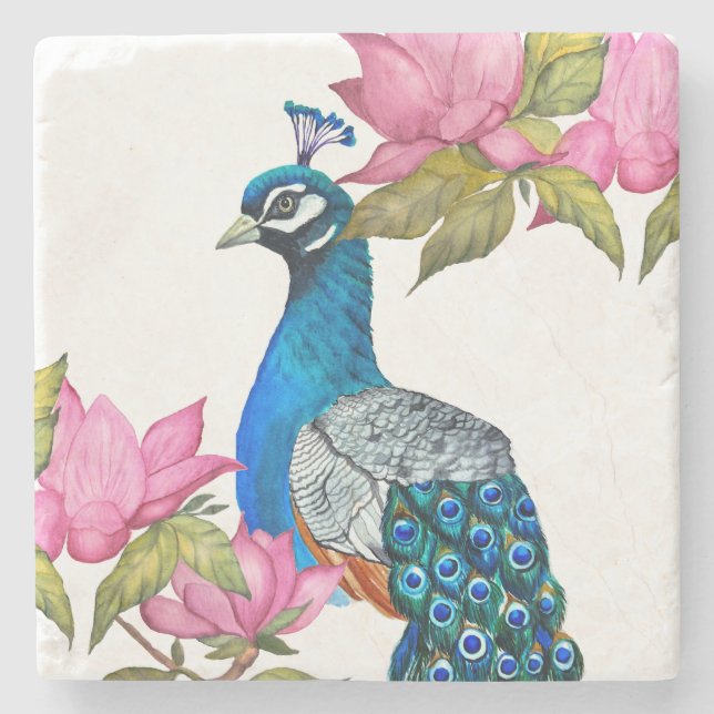 Watercolor peacock stone coaster (Front)
