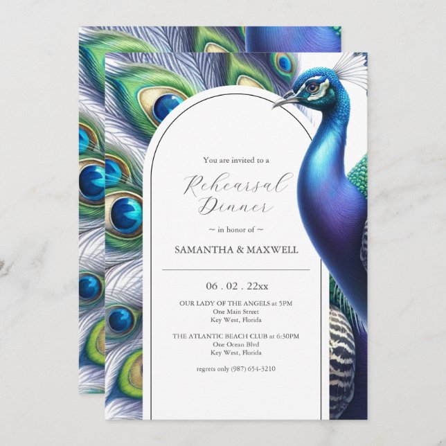 Watercolor Peacock Wedding Rehearsal Dinner Invitation (Front/Back)