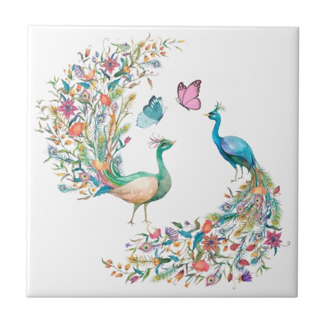 Watercolor Peacocks and Butterflies Ceramic Tile (Front)