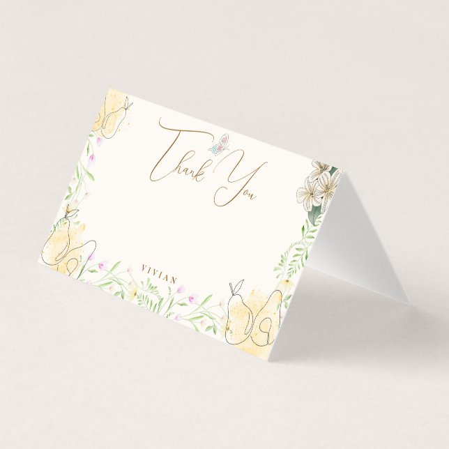 Watercolor Pear Floral Garden Thank You Blank Card (Front)