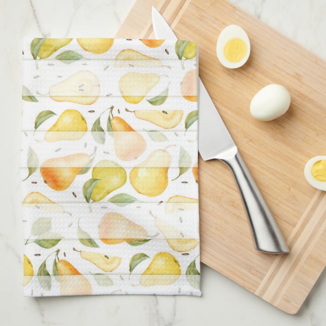 Watercolor Pear Fresh Fruit Pattern Tea Towel (Quarter Fold)