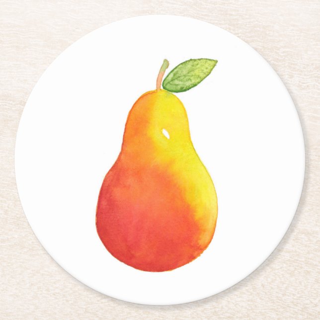Watercolor Pear Round Paper Coaster (Front)