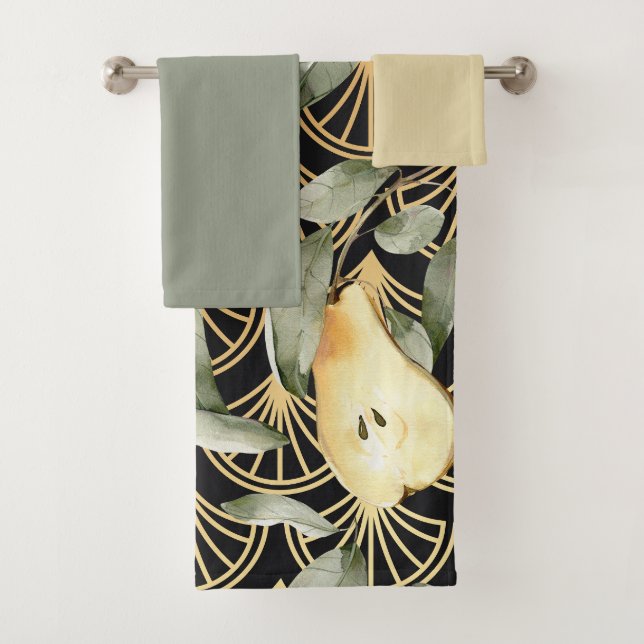 Watercolor Pears and Gold Scales Pattern Bath Towel Set (Insitu)